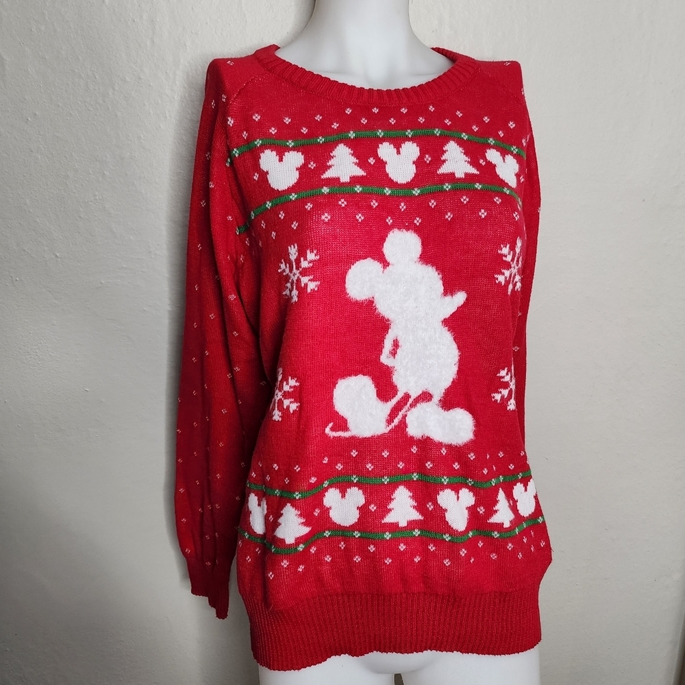 Disney Mickey Mouse Red White Christmas Sweater Size XL Fits M/L
